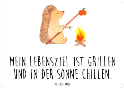 Produktbild von Mr. & Mrs. Panda Wandbild Igel Grillen DIN A6 - Weiß - Geschenk, Schild, Spruch, Blechtafel, Ziele, Sinn Des Lebens, Lustige Sprüche, tafel, Motivation, wandtafel