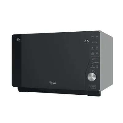 A studio shot of a silver and black Whirlpool microwave.
