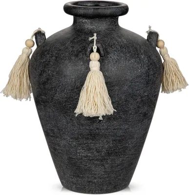 Produktbild von Keramische Vase beige, 24 cm hoch, mit Quasten, für Blumen und Dekoration