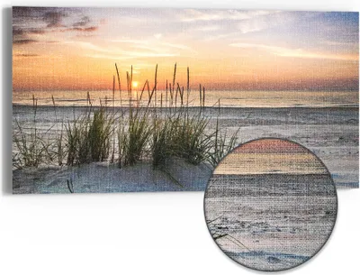 Produktbild von DEQORI Hybrid Leinwand Bild 60x30 cm 'Sonnenuntergang am Strand' Wandbild Glas flach modern