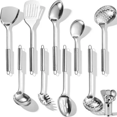 Produktbild von 10-teiliges Küchenutensilien-Set aus Edelstahl mit Aufbewahrungsbehälter, hitzebeständig, robust, bestehend aus Löffel, Pfannenwender, Suppenkelle für Küche und Hobbykoch