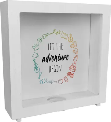 Produktbild von Rahmen Spardose aus Holz mit Campingmotiven in bunten Farben - Let the