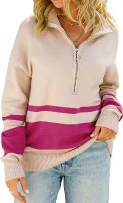 Produktbild von ASKSA Women's Knitted Jumper Colourblock Pullover Zip Lapel Knitted Jumper Sweater Knitted Tops, Rosarot, S