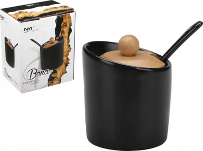 Produktbild von Zuckerdose aus Keramik mit Löffel BONA klein schwarz matt Deckel aus Bambusholz