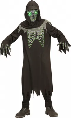 Produktbild von Sensenmann Kinderkostüm mit leuchtend grünen Augen für Halloween und Karneval Größe: XL 164