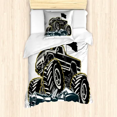 Produktbild von ABAKUHAUS Monster Truck Bettbezug Set für Einzelbetten, Rubber Tire Car, Milbensicher Allergiker geeignet mit Kissenbezug, 135 cm x 200 cm - 80 x 80 cm, Koksgraue Coconut