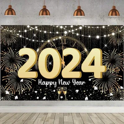 Produktbild von Famanu Hintergrundbanner für Silvester - Schwarz-Gold, 180 x 110 cm