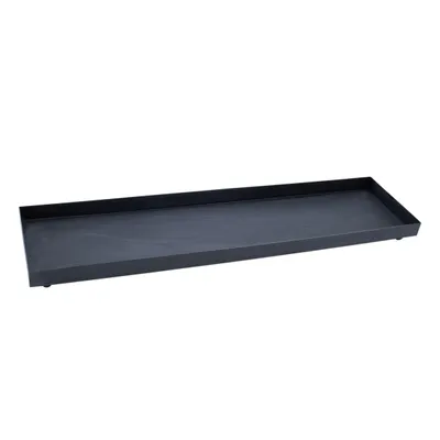 A long, rectangular dark gray metal tray with small round feet, shown from a diagonal angle against a white background.