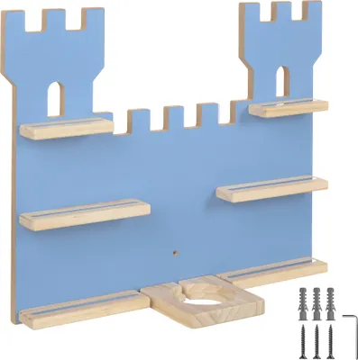 A blue wall-mounted shelf unit shaped like a castle.