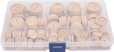 Obrázek produktu pro 140 dřevěných knoflíků k vlastní výrobě, 3 různé velikosti, písmena, vzory, šití, s úložným boxem na dětské oblečení