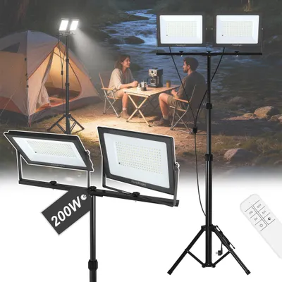 Image de Projecteur LED UISEBRT 2×200W double LED, lampe de chantier, boîtier en aluminium, éclairage de travail, projecteur, intensité réglable, avec trépied réglable en hauteur et télécommande