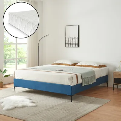 Produktbild von Doppelbett ‘Lilla’ mit Matratze Polsterbett mit abnehmbarem Bezug Samt 180 x 200 cm Blau
