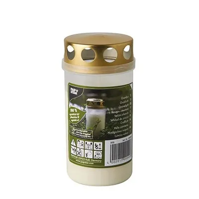 Produktbild von Öl-Licht T3, 100 % Pflanzenfett Ø 6,5 cm · 12,5 cm weiss transparente Hülle, mit Golddeckel