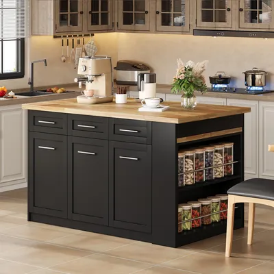 Produktbild von okwish Multifunktionale Küchenschränke mit ausziehbaren Esstisch,mit 3 Schubladen und 3 Fächer,Beistellschrank Servierwagen mit Türen und verstellbaren Regalen,Natur+Schwarz