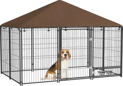 Immagine prodotto di Casetta per cani, tenda da sole, acciaio resistente, 2 ciotole per il cibo, nero, 211x141x151 cm