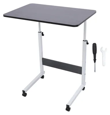 Obrázek produktu pro Dřevěný stolek na postel s kolečky, výškově nastavitelný, mobilní stojací stůl, pojízdný vozík na notebook, stolek ve tvaru písmene C pro použití v nemocnici i doma, černý