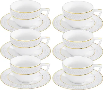 Produktbild von Wilmax Espressotasse mit Untertasse 90 ml Weiß Goldrand Porzellan 6er Set WL-880102400/AB6