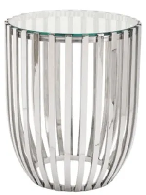 Produktbild von Casa Padrino Luxus Beistelltisch Silber Ø 46 x H. 56 cm - Runder Edelstahl Tisch mit Glasplatte