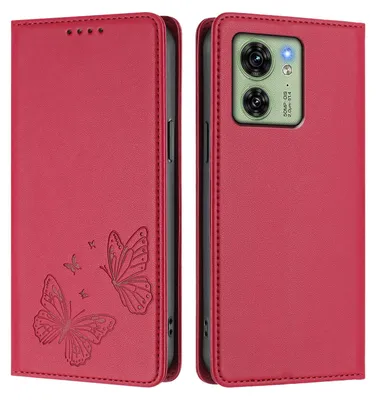 Produktbild von Lederhülle für Motorola Edge 40, Schmetterling Prägung Leder Brieftasche Schutzhülle mit Ständer Rot