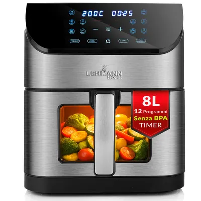 A silver and black air fryer with a window showing vegetables inside, set against a white background.
