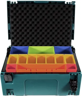 Produktbild von Makita Systemkoffer MAKPAC 2 P-83652 mit Boxeneinsatz, 13 farbigen Behältern und Schaumstoff-Deckeleinlage; stapelbar, transportierbar, doppelwandige Eckprofile, verstärkte Flächen