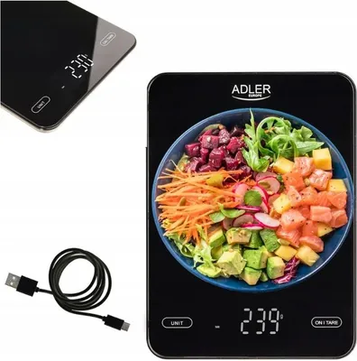 Produktbild von Adler AD3177B Küchenwaage 10kg USB LED-Display schwarz Glasplattform