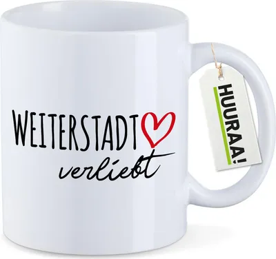 Produktbild von Huuraa Kaffeetasse Weiterstadt verliebt 330ml Weiß Keramik Kaffeebecher Geschenkidee