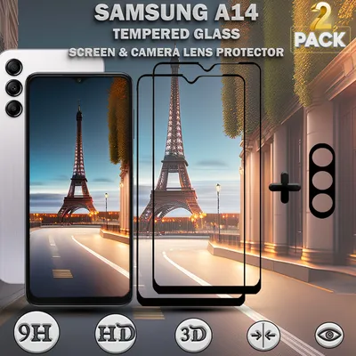 Obrázek produktu pro 2 balení ochranného krytu displeje Samsung Galaxy A14 a 1 balení ochranného krytu objektivu z tvrzeného skla 9H