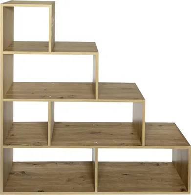 A wooden bookshelf with multiple compartments arranged in a step-like structure.