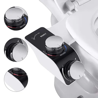 Close-up view of a bidet attachment for a toilet seat, showing control knobs and branding.