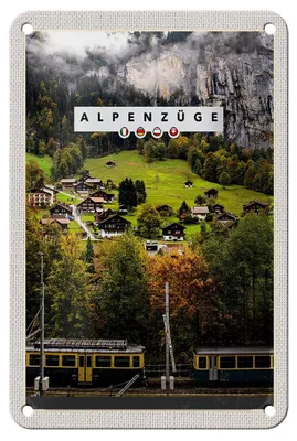 Produktbild von Blechschild Reise 12x18cm Alpenzüge Schweiz Bahn Tal Häuser Schild