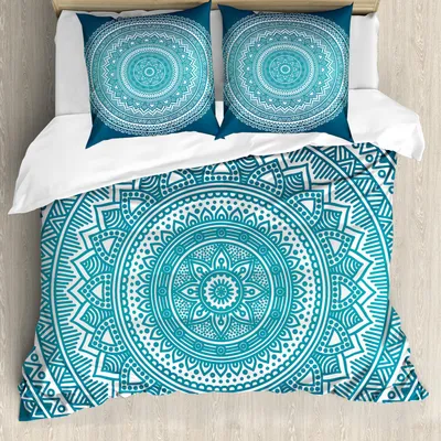 Zdjęcie produktu dla ABAKUHAUS Turquoise Ombre Zestaw pościeli, kwiatowy wzór inspirowany trójkątami geometrycznymi, 200 x 200 cm + 80 x 80 cm, turkusowy
