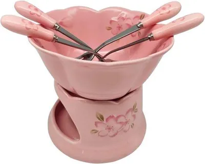 Produktbild von Famanu Schokoladenfondue-Set mit 4 Porzellan-Gabeln - Rosa Kirschblütenmuster
