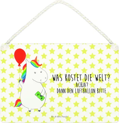 Produktbild von Mr. & Mrs. Panda Schild Einhorn Luftballon DIN A4 - Weiß - Geschenk, wandhänger, Freundin, wandtafel, Unicorn, Deko, holzbild, Geld, Türschild, Einhörner