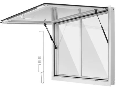 Image de Fenêtre depour food trucks SucceBuy, dimensions 1220 x 915 mm, en alliage d'aluminium. Fenêtre pour cuisines mobiles, s'ouvrant jusqu'à 85°, équipée de 2 vitres coulissantes en acrylique, design escamotable, avec crochet de transport et protection contre les intempéries