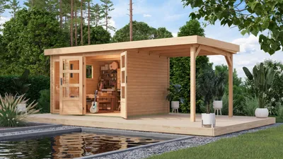 Produktbild von Karibu Gartenhaus Gerätehaus Lahar 5 im Set mit Anbaudach 2,40 m Breite naturbelassen 524x246x211 cm