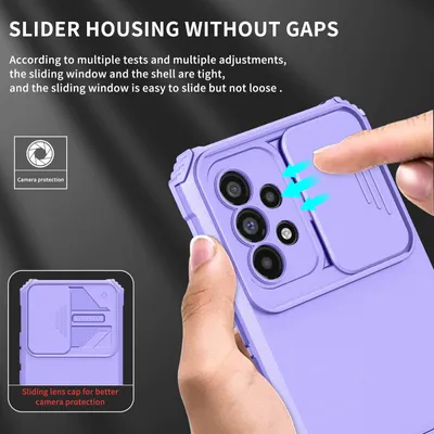 A hand is shown sliding the camera cover on a purple phone case.
