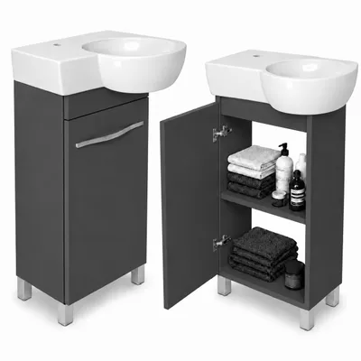 Produktbild von Waschtischunterschrank 50 cm stehend mit Waschbecken Anthrazit matt / Schmal Soft-Close, Türanschlag L/R, verstellbare Ablage, ideal für Gäste-WC