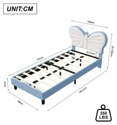 Zdjęcie produktu dla Łóżko dla dziewczynki "Motyl", 90 x 190 cm - Pojedyncze łóżko dziecięce - Lampka LED do czytania - Regulowana wysokość zagłówka - Wykończenie welwetowe - Stelaż - Bez materaca - Niebieskie