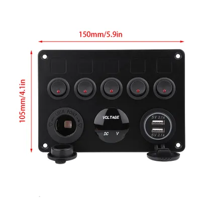 Zdjęcie produktu dla 12-24 V, 5-pozycyjny panel przełączników dwustabilnych, podwójny woltomierz USB do samochodów, łodzi, pojazdów morskich i ciężarówek, czerwona dioda LED
