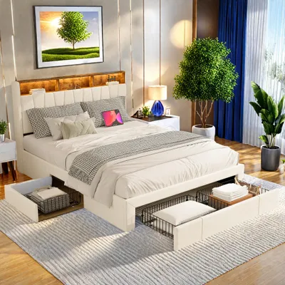 Produktbild von UnboxG Polsterbett 160x200cm mit USB und Typ C, Stauraumkopfteil und LED, Doppelbett mit Lattenrost und 4 Schubladen, Stauraumbett Holzbett Funktionsbett Samt, Beige
