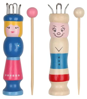 Produktbild von Strickliesel Bastelset 2 Stück Holz Blau-Beige mit Häkelnadel