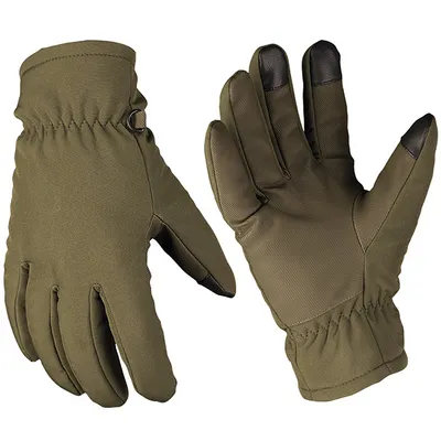 Two olive-colored gloves are shown against a white background.