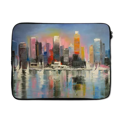 Produktbild von MuchoWow® Laptop Hülle 17 Zoll Laptoptasche Gemälde - Öl - Skyline - Wasser - Zipper - Schutzabdeckung