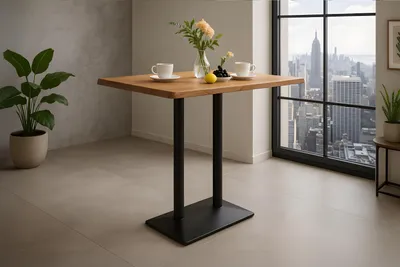Produktbild von Bistrotisch Baumkante massiv 100 x 60 cm Akazie naturfarben Doppelsäulengestell schwarz IAN