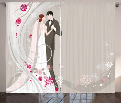 Produktbild von ABAKUHAUS Hochzeit Rustikaler Gardine, Zeremonie Braut Bräutigam, Schlafzimmer Kräuselband Vorhang mit Schlaufen und Haken, 280 x 260 cm, Schwarz Grau Rosa