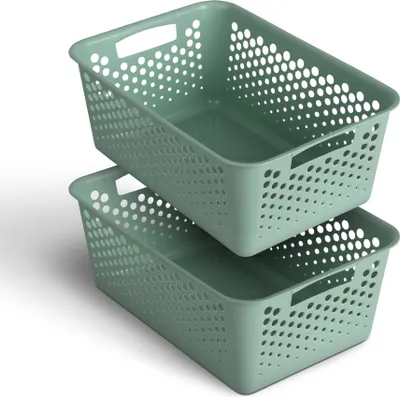 Zdjęcie produktu dla 2 sztuki Kosz do przechowywania 10L z uchwytami - Bez BPA - Organizer (37 x 26 x 17 cm / Zielony) - Kosz do łazienki kuchni sypialni, kosz domowy