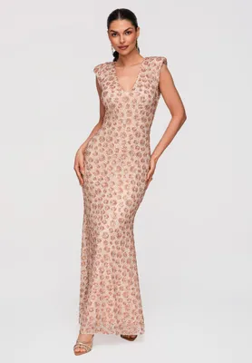 Produktbild von LARICA Maxi Abendkleid Figurbetont mit Pailletten & Stickerei LA-OM-DLR341 beige XS