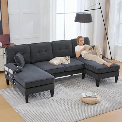 Produktbild von MODFU Big Sofa Polstermöbel Sitzgruppe aus weichem Leinenstoff,Loungesofa mit moderne Rückenlehne,stabile Füße und kuschelige Sitzkissen,Dunkelgrau