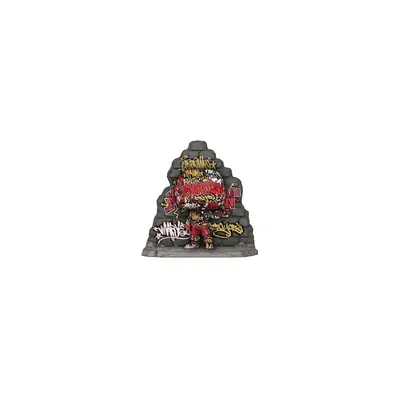A Funko Pop! vinyl figure of Iron Man, styled with street art and graffiti elements, standing on a rocky base.